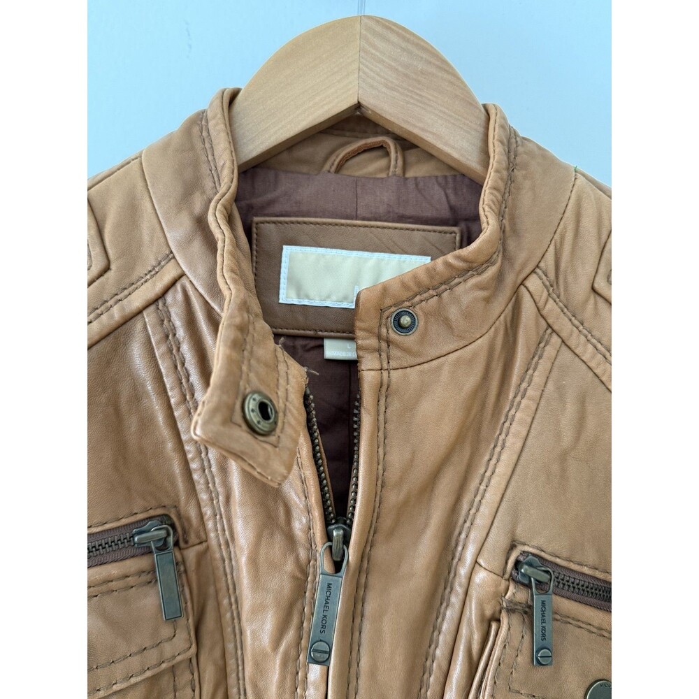 Michael Kors Buttery Leather Zip Front Camel  Racer Jacket Sz L Outwear Capsule - Picture 7 of 9